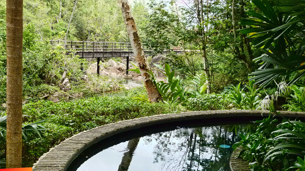 Bridge and lower (warm) pool by the spa at Blancaneaux
