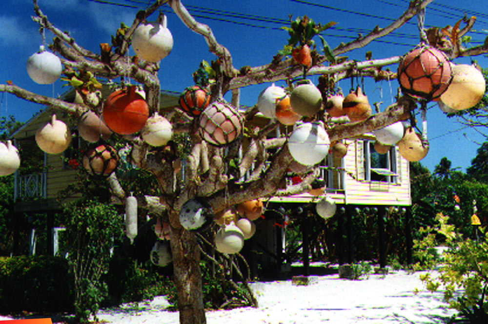 Colorful glass floats hanging on a tree in the Santelmo area of San Pedro, 1997. Near Spanish's house.