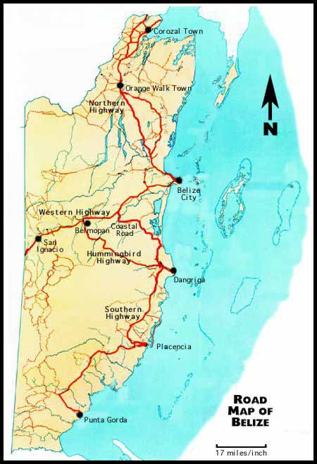 Road map of Belize