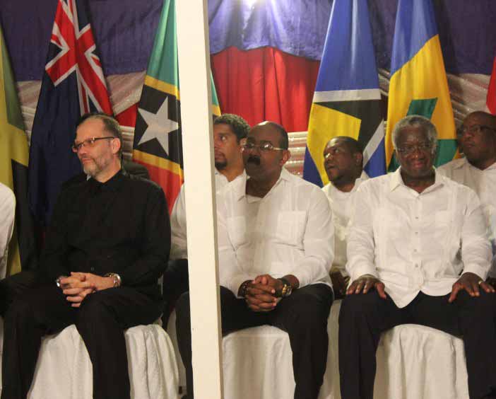 From left, CARICOM Secretary-General, Ambassador Irwin LaRocque, Prime Minister of Antigua and Barbuda, the Hon. Gaston Browne, and Prime Minister of Barbados, the Rt Hon. Freundel Stuart at the opening ceremony Monday evening. 