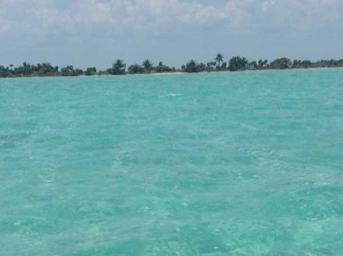 Approaching Blackadore Caye by boat -- it is very long and narrow, only 104 acres of very low profile earth, sand and vegetation.