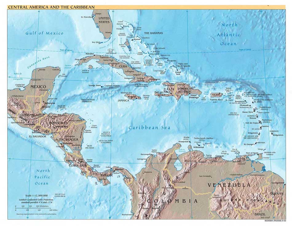 This map shows a physical relief view of Belize and all the countries in 