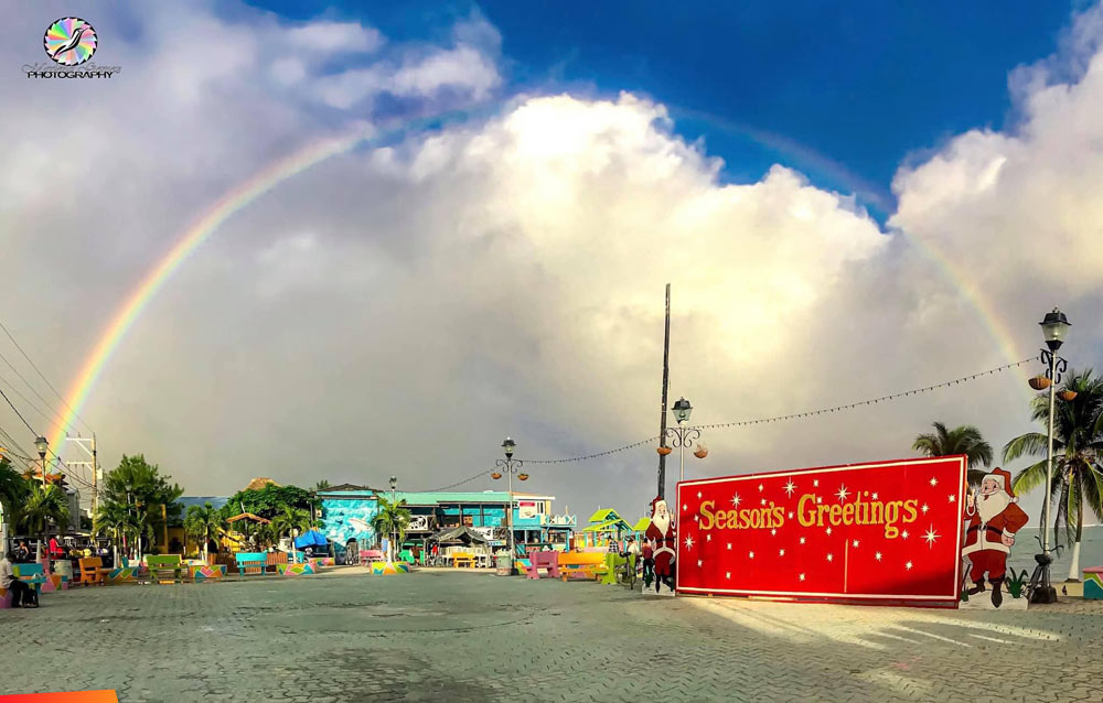 A Seasons Greetings Rainbow over Ambergris Caye, at Central Park, San Pedro Town in 2020