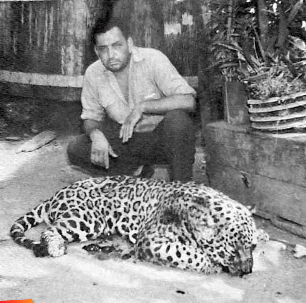 Jackie Vasquez, big game hunter with a jaguar, long ago