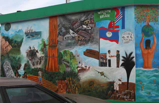 depicts colonialism in Belize (British Honduras), hurricane damage, mayan civilization, death by machete