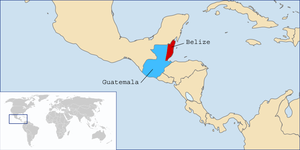 Map of Central America displaying Belize (red)...