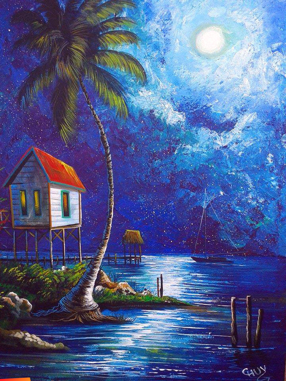 Beautiful painting of a full moon on the beach, sailboat, homes on stilts and pier.... by Chuy Carillo