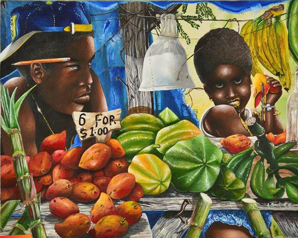 Fun at the vegetable stand, painting by Alex Sanker