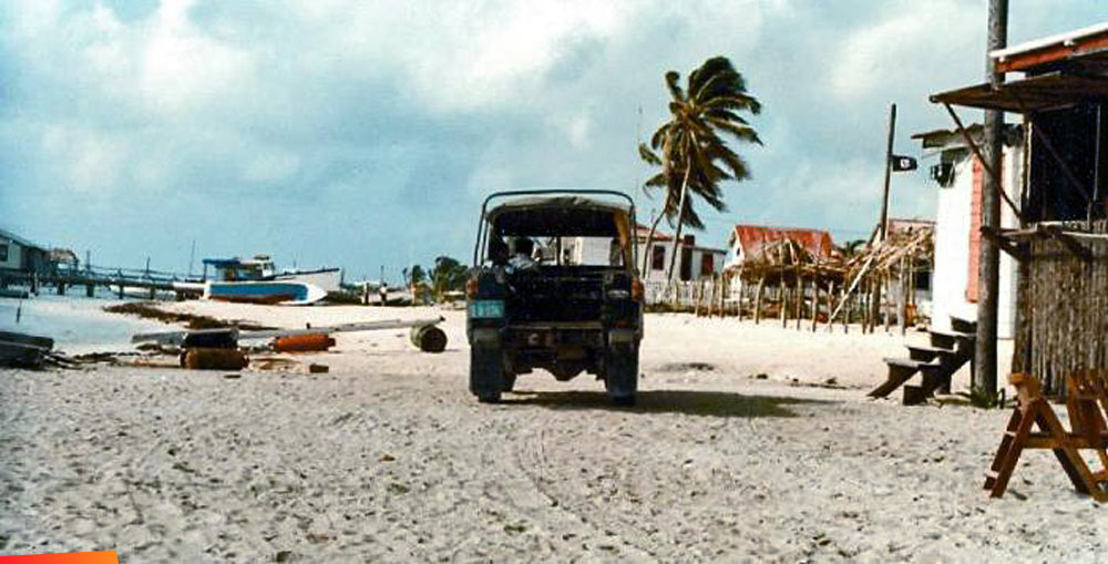 Land Rover, only car on Ambergris Caye, along the beach, 1984