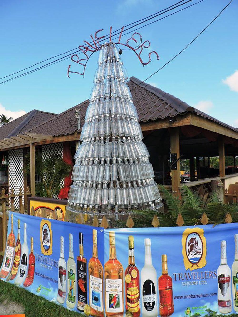 Christmas tree in San Ignacio made entirely of empty rum bottles