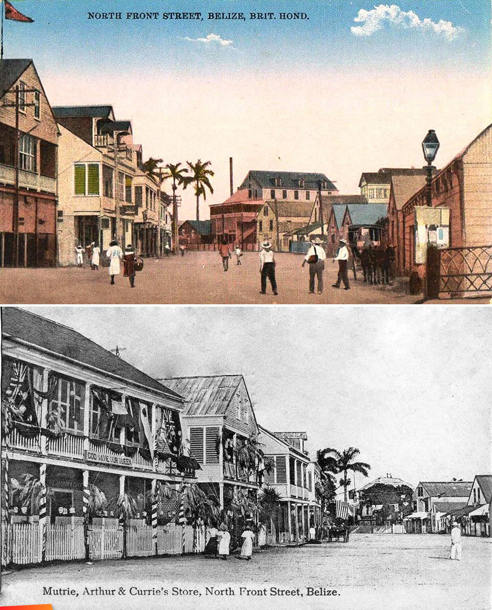 Three pictures of North Front Street in Belize City at the turn of the century