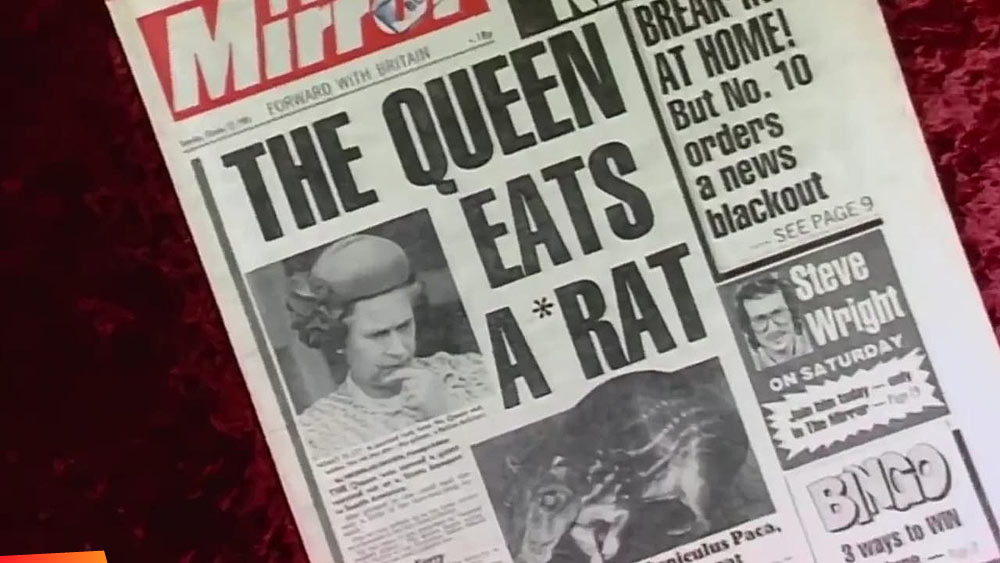 Daily Mirror cover: The Queen Eats a Rat! Queen Elizabeth eats gibnut, 1985