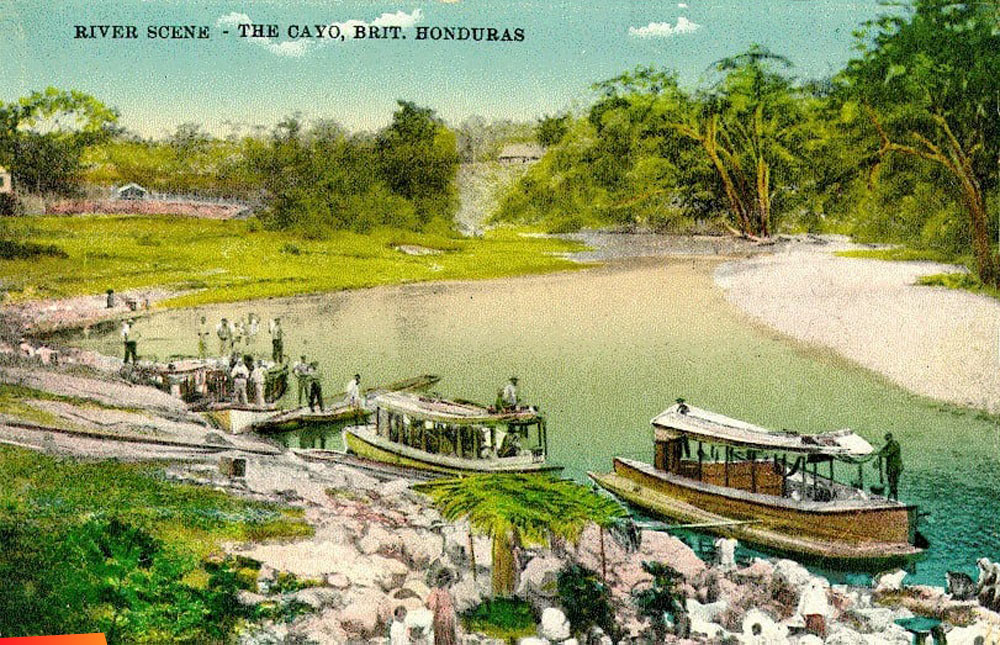 River Scene, river boats at El Cayo Landing, British Honduras long ago