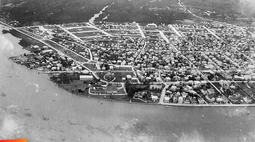 Aerial view of Southside in Belize City from South Street going south, long ago