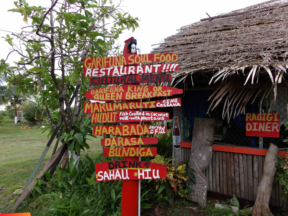 Restaurant menu reflecting Garifuna culture in Hopkins (Palmento Grove)