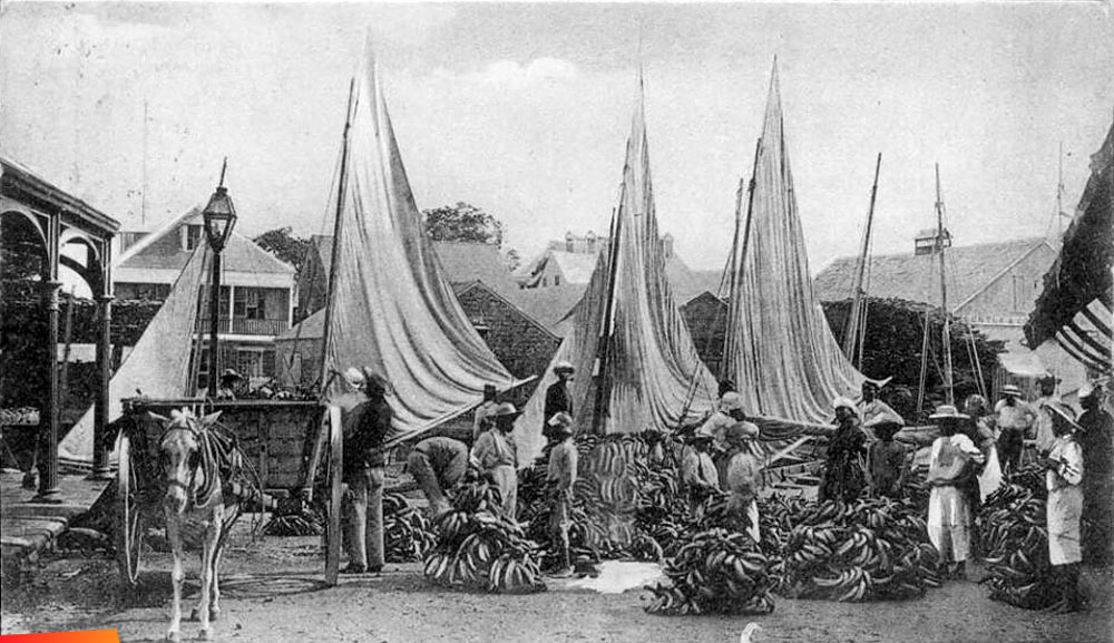 Unloading bananas at market, long long ago