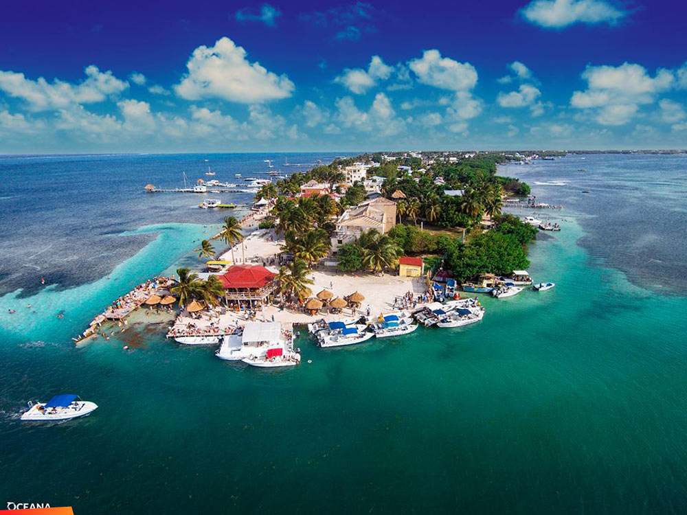 Aerial view of Caye Caulker with the Split in the foreground