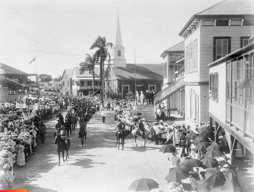 British Soldiers marching through Belize City on their way to the harbour, British West Indian Regiment, 1916