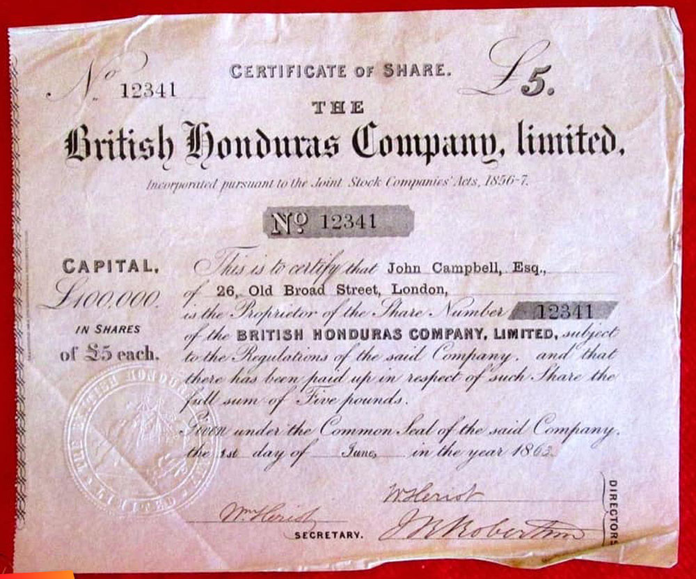 A 1863 five pound share in the British Honduras Company, precursor to the Belize Estate and Produce Company