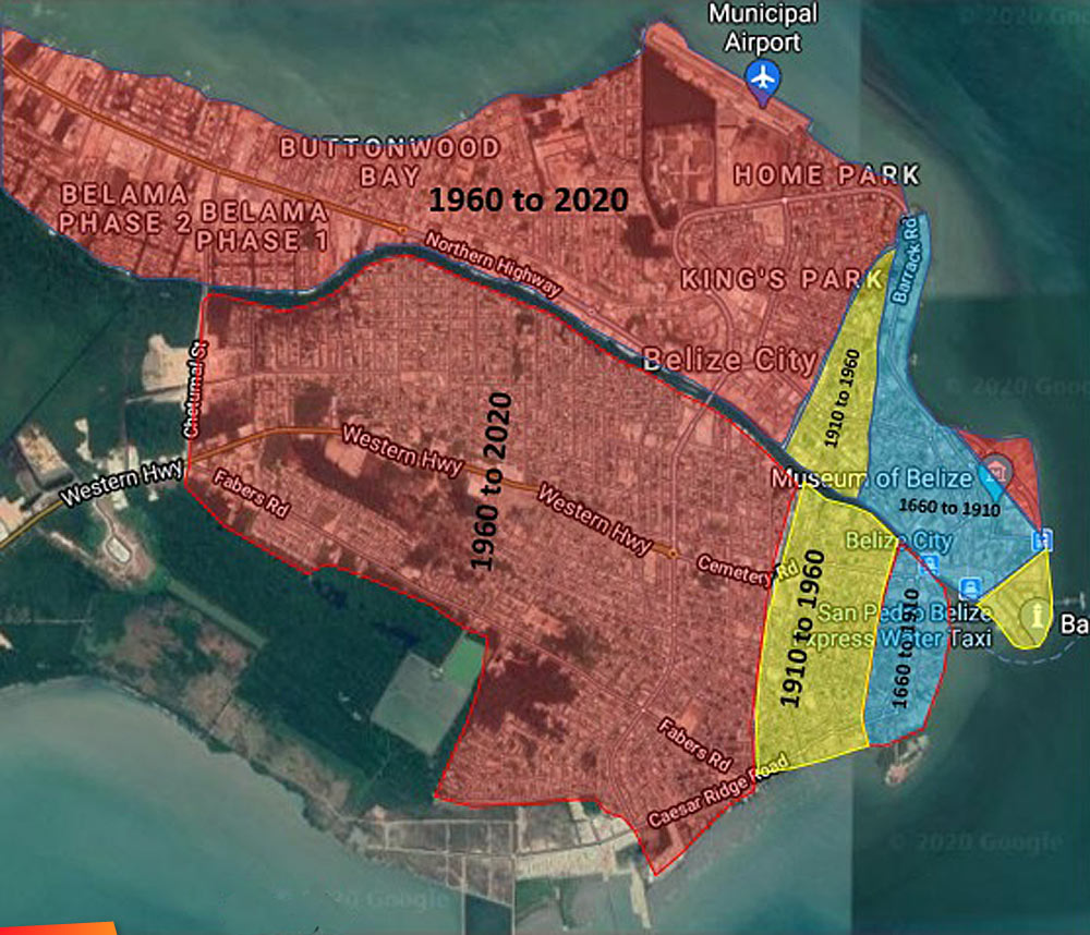 Map: The Growth of Belize City from 1660-2020