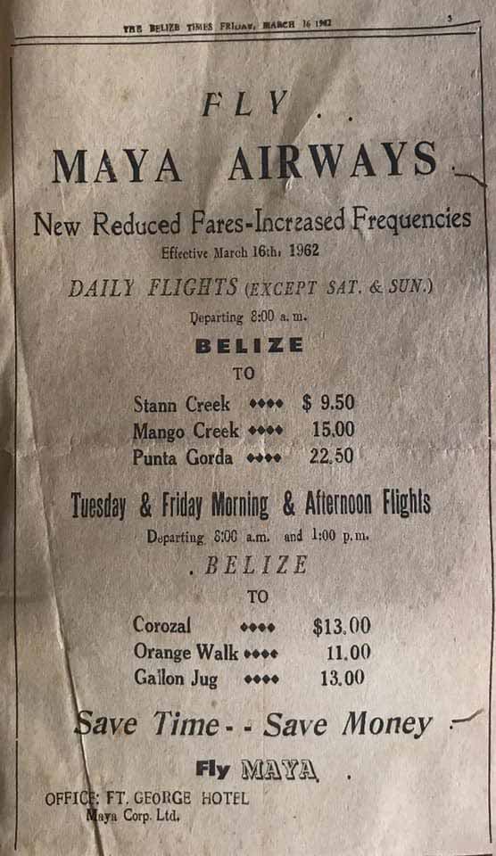 Maya Airways DC3 from the 1960's, rate schedule from 1962