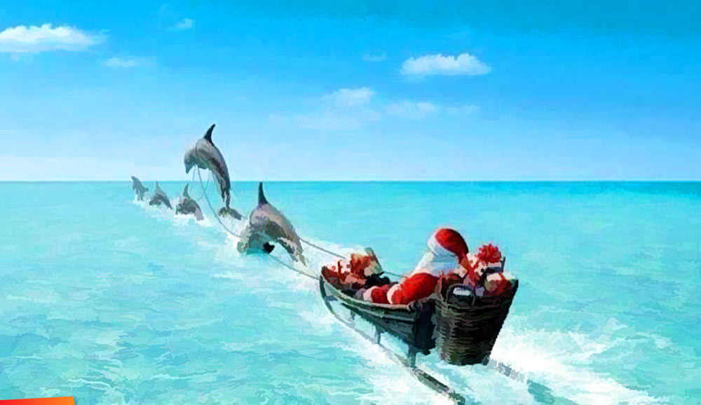Santa with his sleigh pulled by dolphins