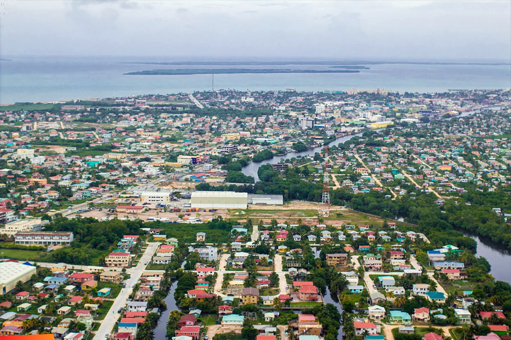 Belize City aerial, view to the sea