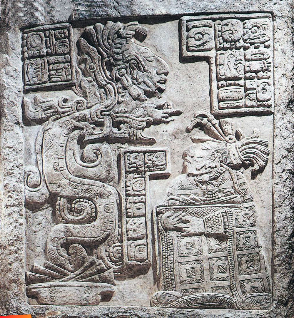 Vision Serpent: Lintel 15 at Yaxchilan, depicting Lady Wak Tuun during a bloodletting rite