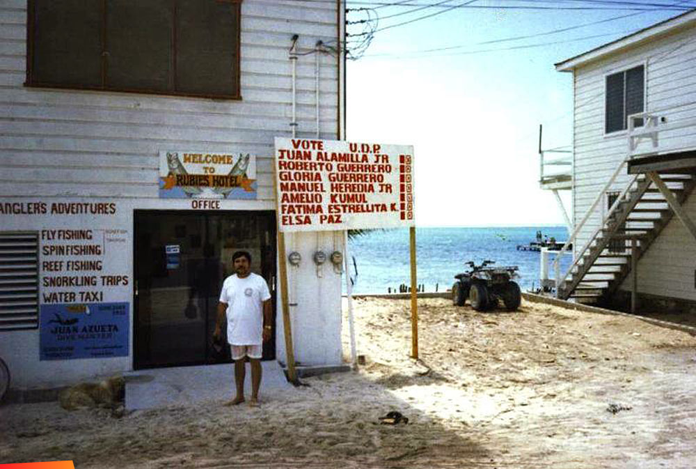 Old-time politics in San Pedro, Ambergris Caye. UDP Campaign sign in front of Rubies. Long ago