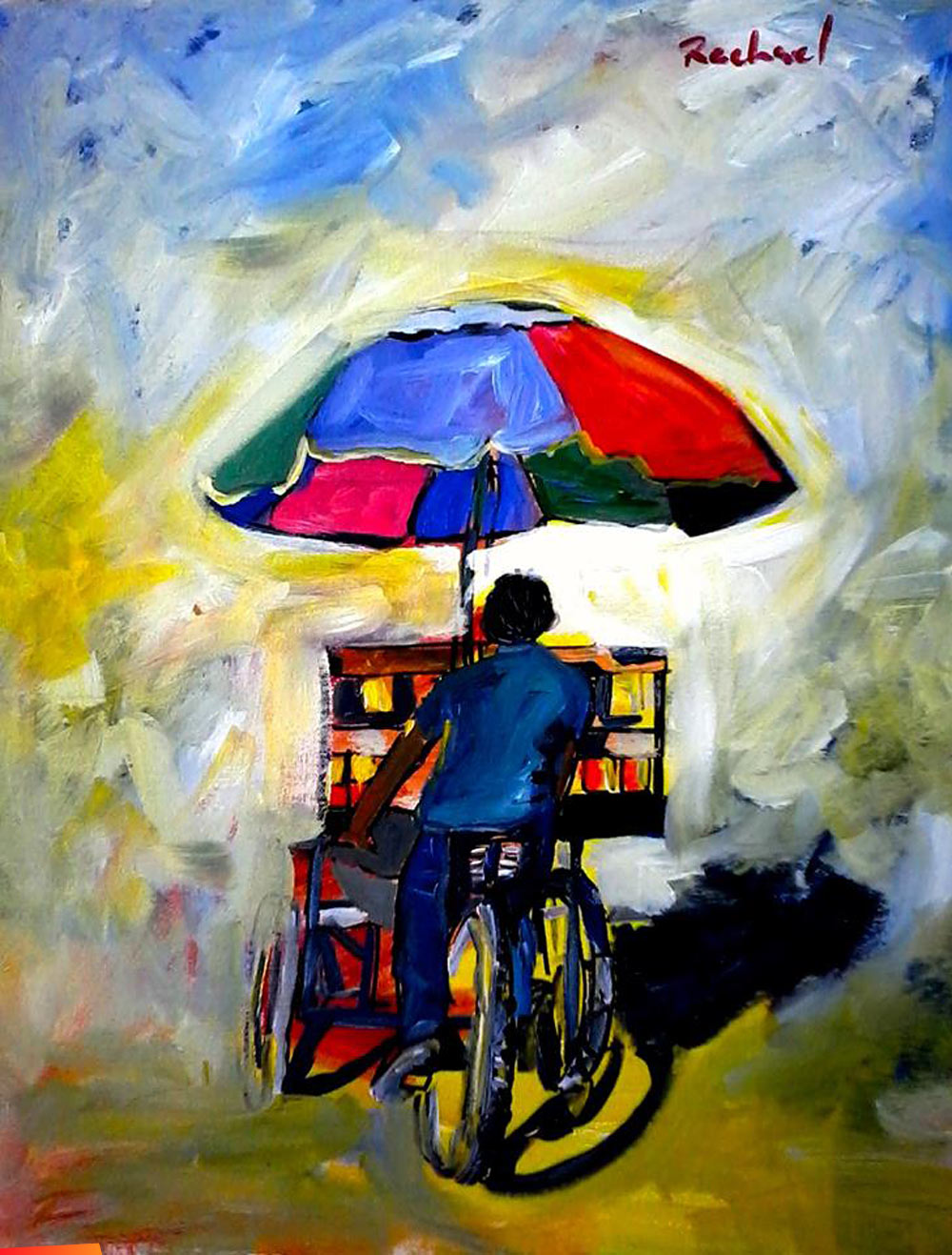 Bicycle cart man, painting by Rachel Heusner