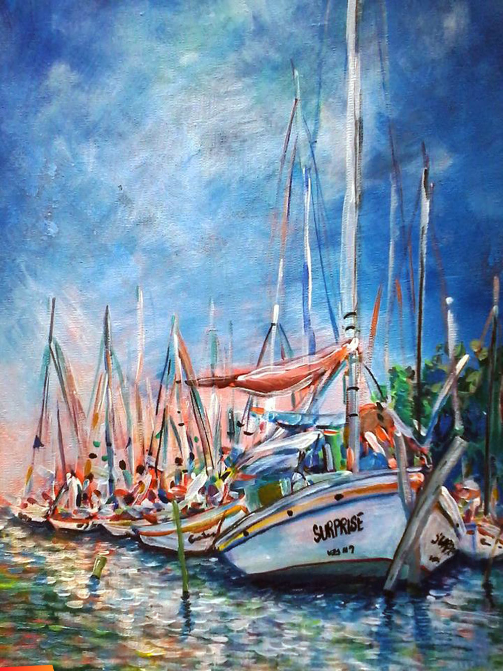 Sailboats, downtown Belize City, painting by Rachel Heusner