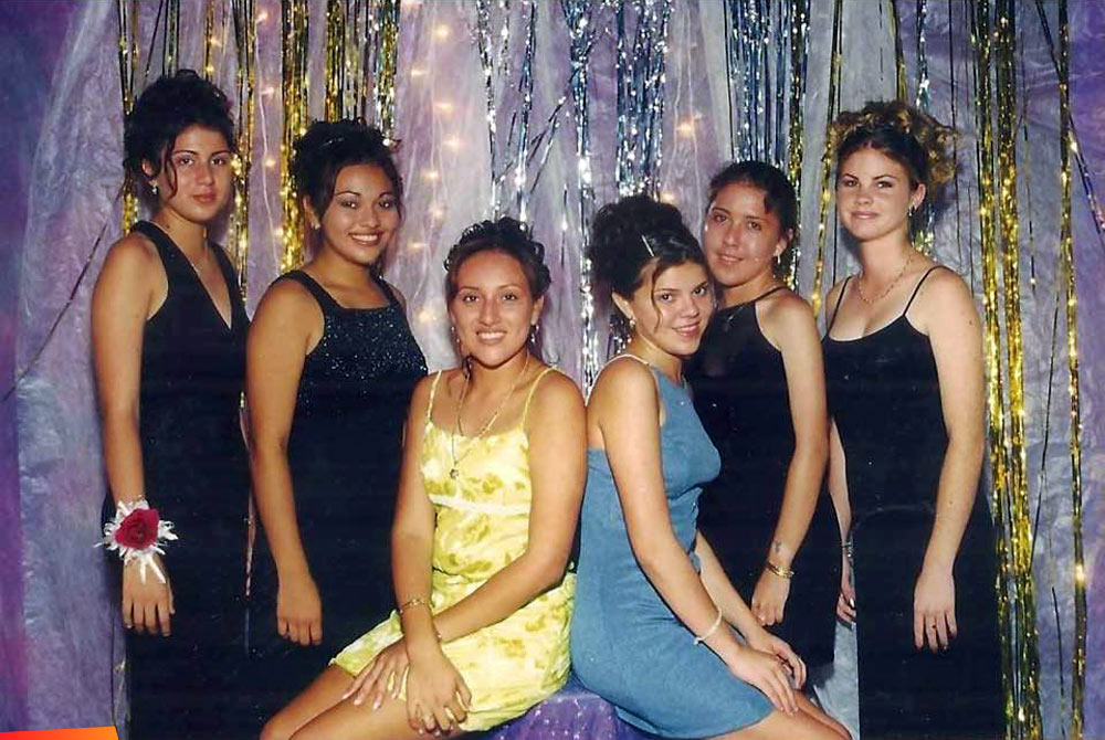 Six lovely young women at the 1998 San Pedro High School prom, Roxani Guerrero, Luisana Guerrero, Luz Elena Wallace, Shauna Diaz, Stacey Duran, and Jenny Beisner