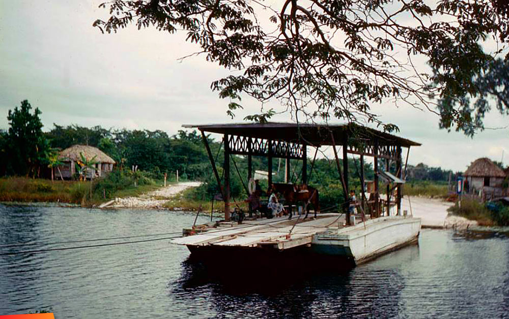 Ferry crossing Hondo River at the Chetumal border in 1960s