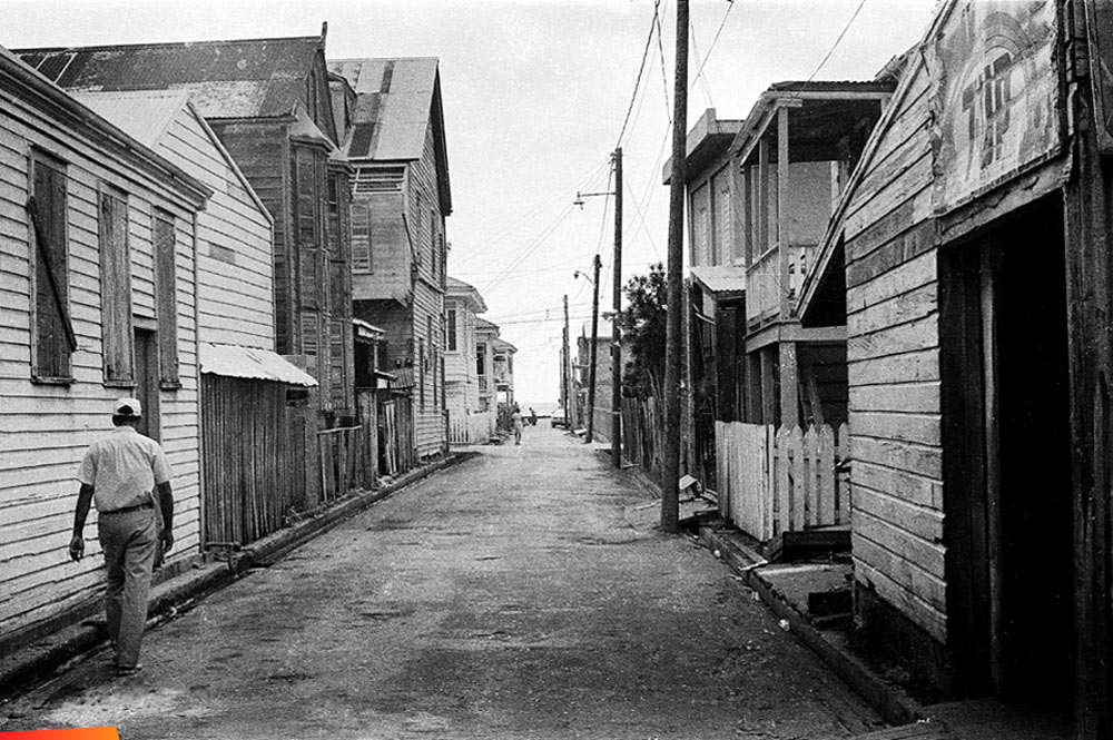 Prince Street between Albert Street and Foreshore, passing the 7-Up factory in Belize City, 1979