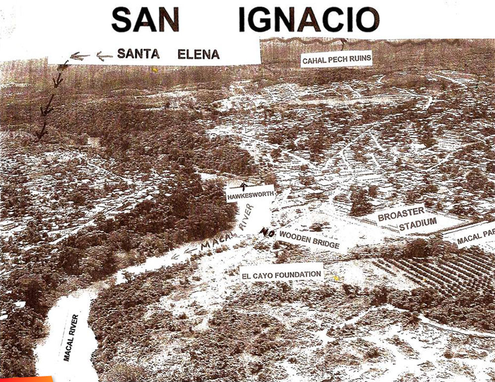 Aerial view of San Ignacio, Santa Elena, and surrounding area, taken in the 1980's