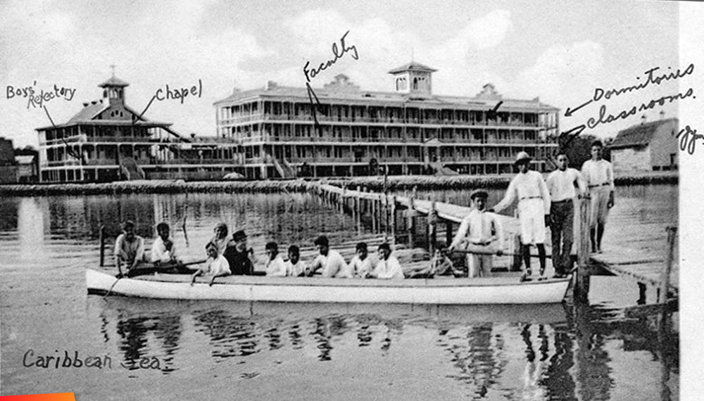St. John's College at Loyola Park, Belize City 1910, some buildings labeled. Also a little of its history