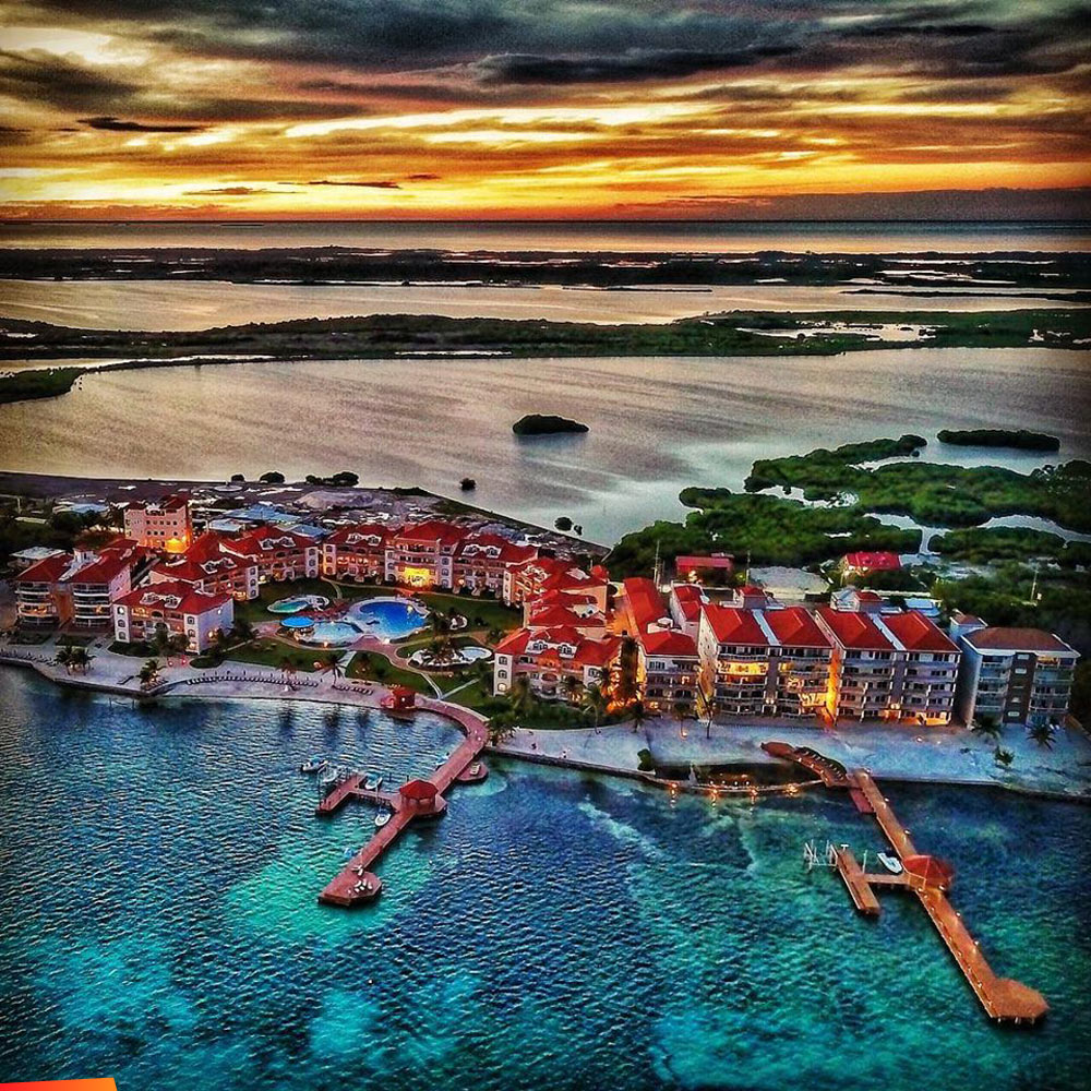 Sunset aerial view of Grand Caribe Belize on Ambergris Caye