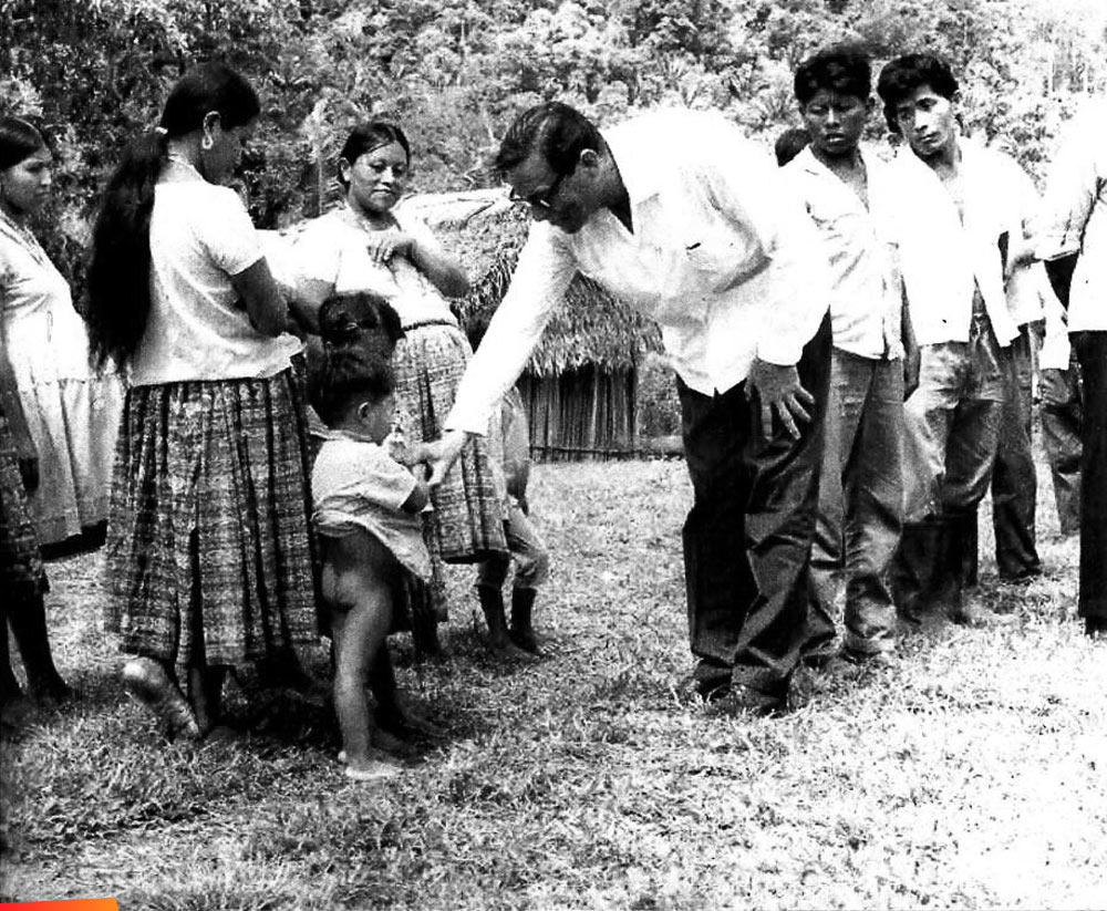 George Price visiting with village families in the Toledo District sometime after we attained Belize's Independence in 1981