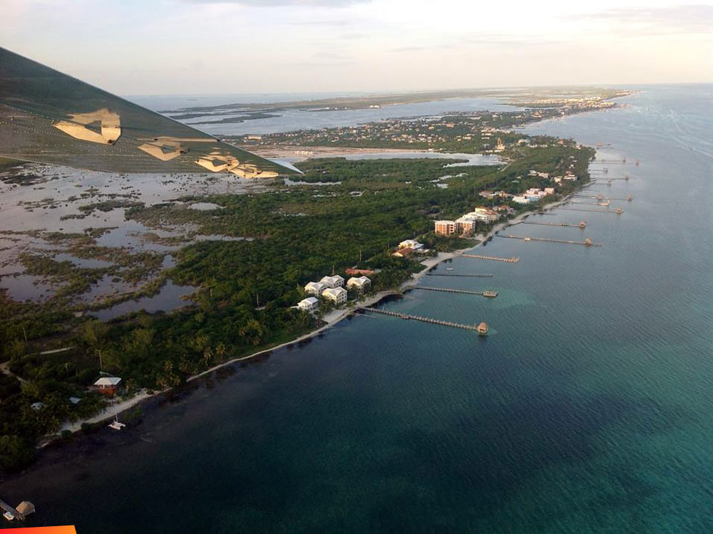 Aerial view of the South end of Ambergris Caye