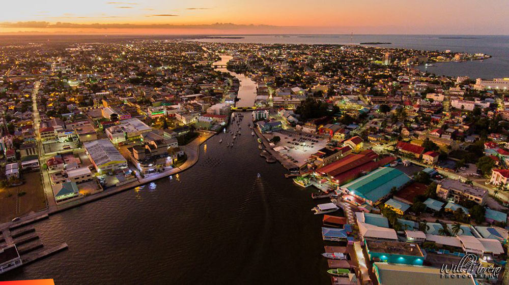 Aerial view of Belize City at sunset