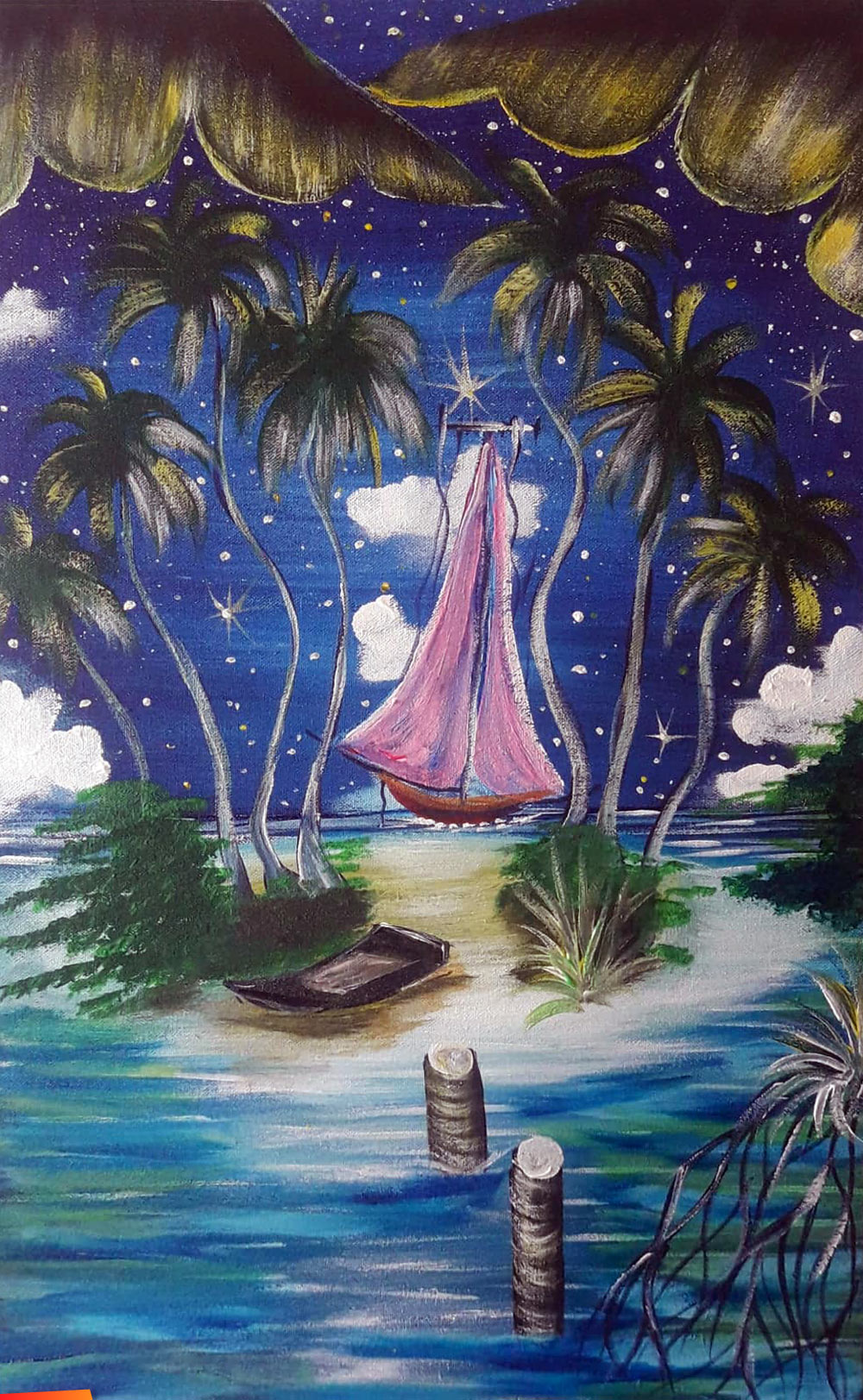 Sailboat by tiny atoll in the starlight, painting by Orlando Garrido