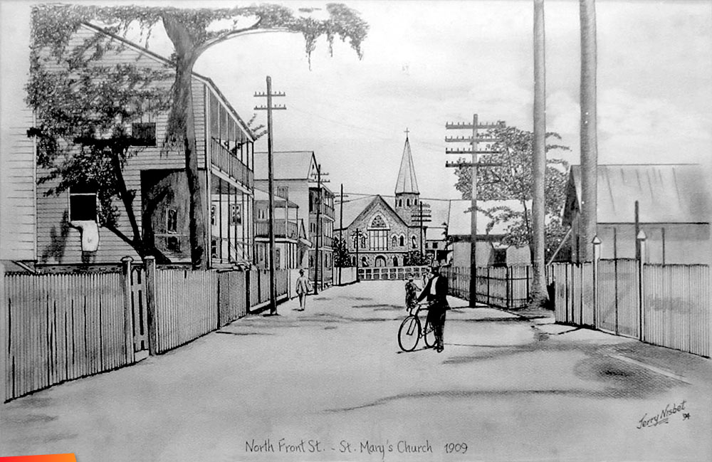 Snapshot and pencil reproduction of North Front Street and St. Mary's Church in 1909