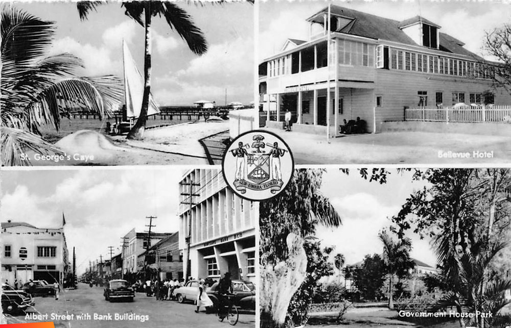 Postcard of Belize, probably 1950's. Featuring St. George's Caye, Bellevue Hotel, Albert Street with Bank Buildings, and Government House Park