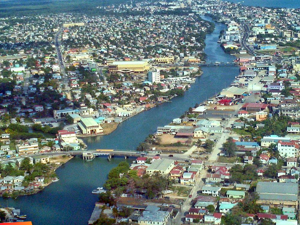 Belize City and two of its three main bridges, aerial