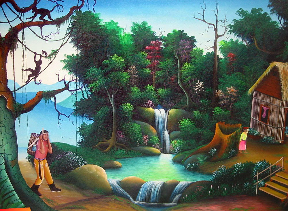 Painting of a Maya couple living large, with  house, waterfall, pond, and spider monkey.