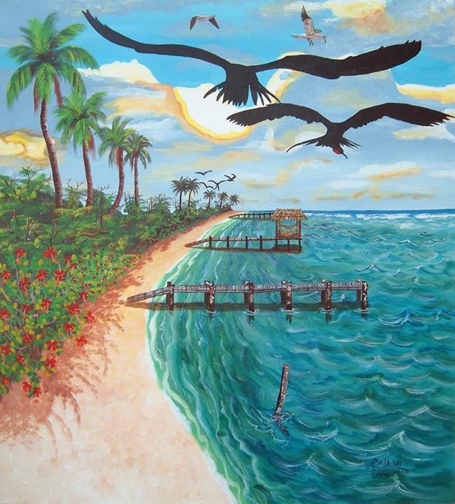 Beach scene, with docks and shorebirds, painting by Curvin Mitchell