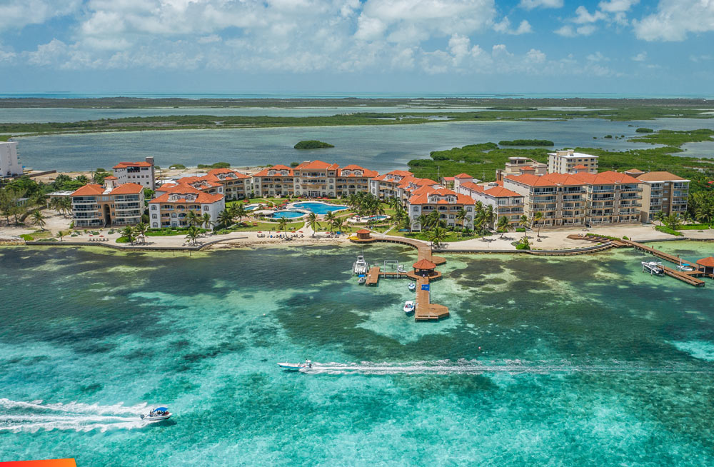 Aerial view from the sea looking down on the Grand Caribe Resort on Ambergris Caye