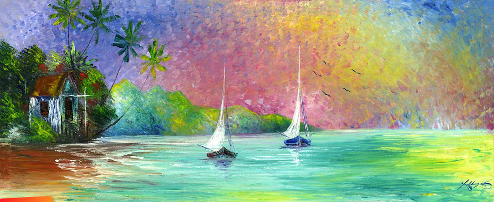 Pastel beach house, sailboats offshore, painting by Leo Vasquez