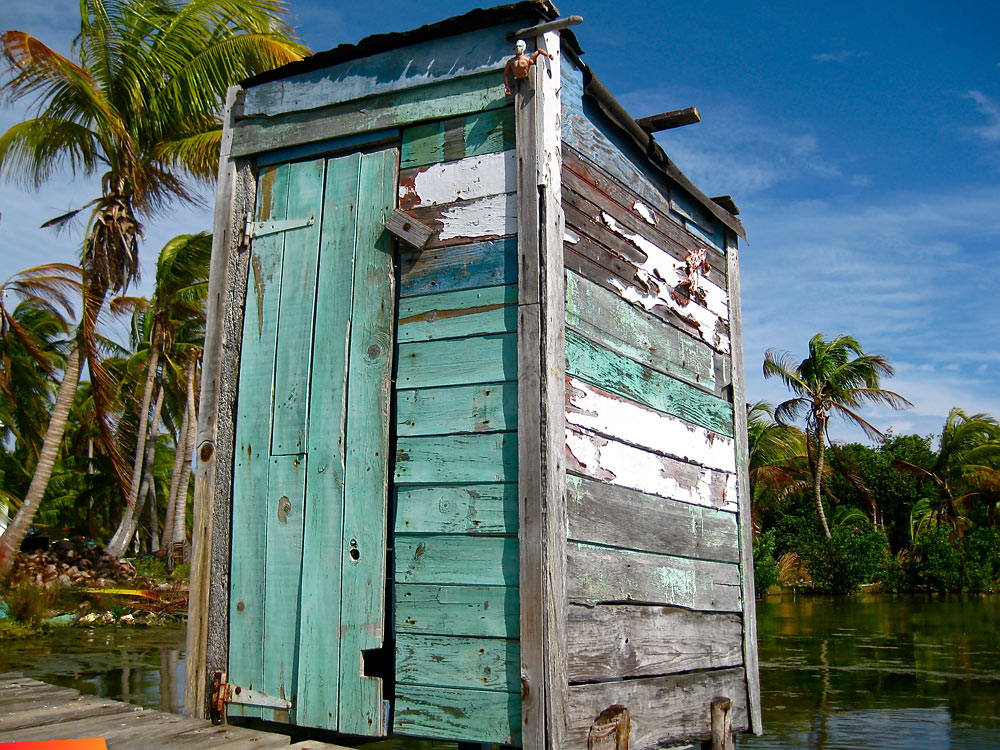 Old outhouse on a pier, Sanbore Caye 2011