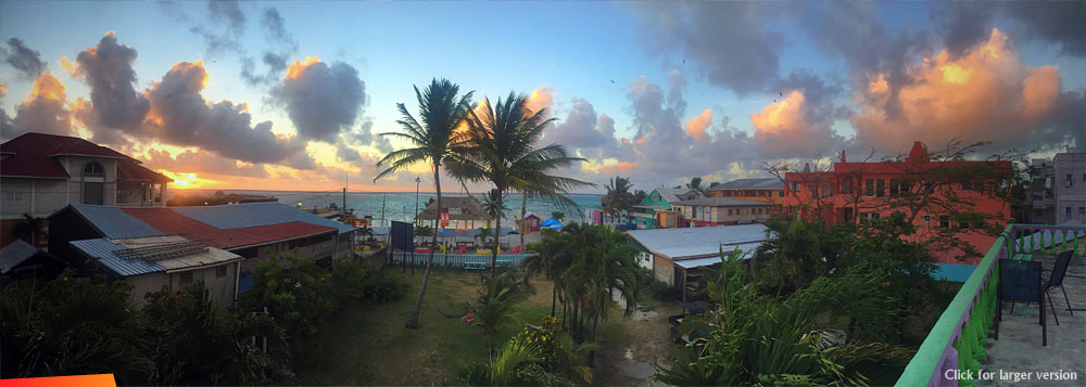 Panoramic sunrise view to the sea from the roof of Hostel La Vista (formerly The Sands Hotel)